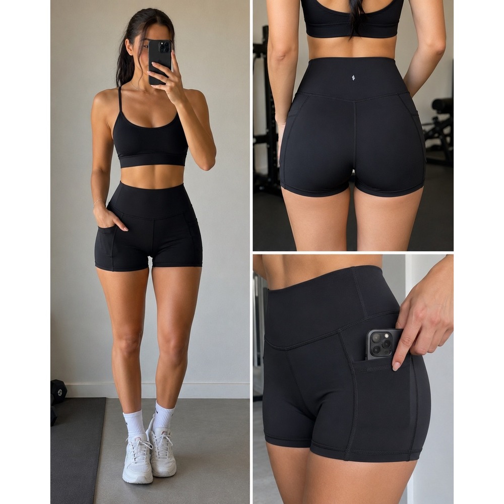 Women High‎ Waisted Athletic Biker Shorts with Pockets Black XS
